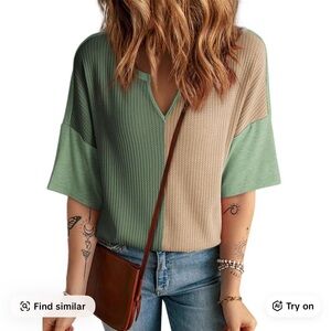 Green and Tan V-Neck Top